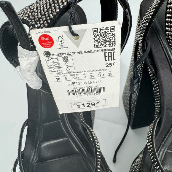 Zara Rhinestone Chunky High Heeled Platform Sandals Black & Silver Size 6 - Picture 7 of 12